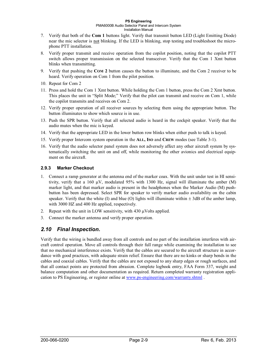 Marker checkout, Final inspection, Marker checkout -9 | Final inspection -9 | PS Engineering PMA6000B User Manual | Page 15 / 26