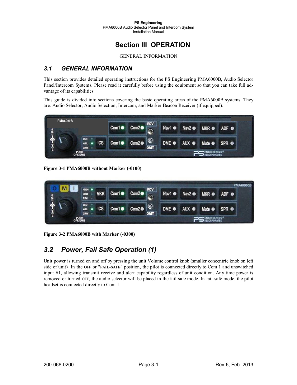 Section iii operation, General information, Power, fail safe operation (1) | Section iii operation -1, General information -1, Power, fail safe operation (1) -1, Figure 3-1 pma6000b without marker (-0100) -1, Figure 3-2 pma6000b with marker (-0300) -1, 2 power, fail safe operation (1) | PS Engineering PMA6000B User Manual | Page 16 / 26