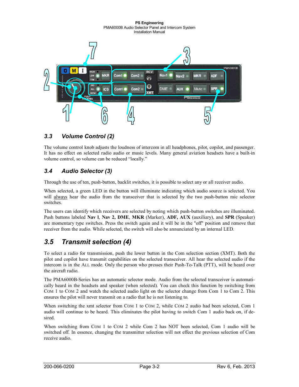 Volume control (2), Audio selector (3), Transmit selection (4) | Volume control (2) -2, Audio selector (3) -2, Transmit selection (4) -2, 5 transmit selection (4) | PS Engineering PMA6000B User Manual | Page 17 / 26