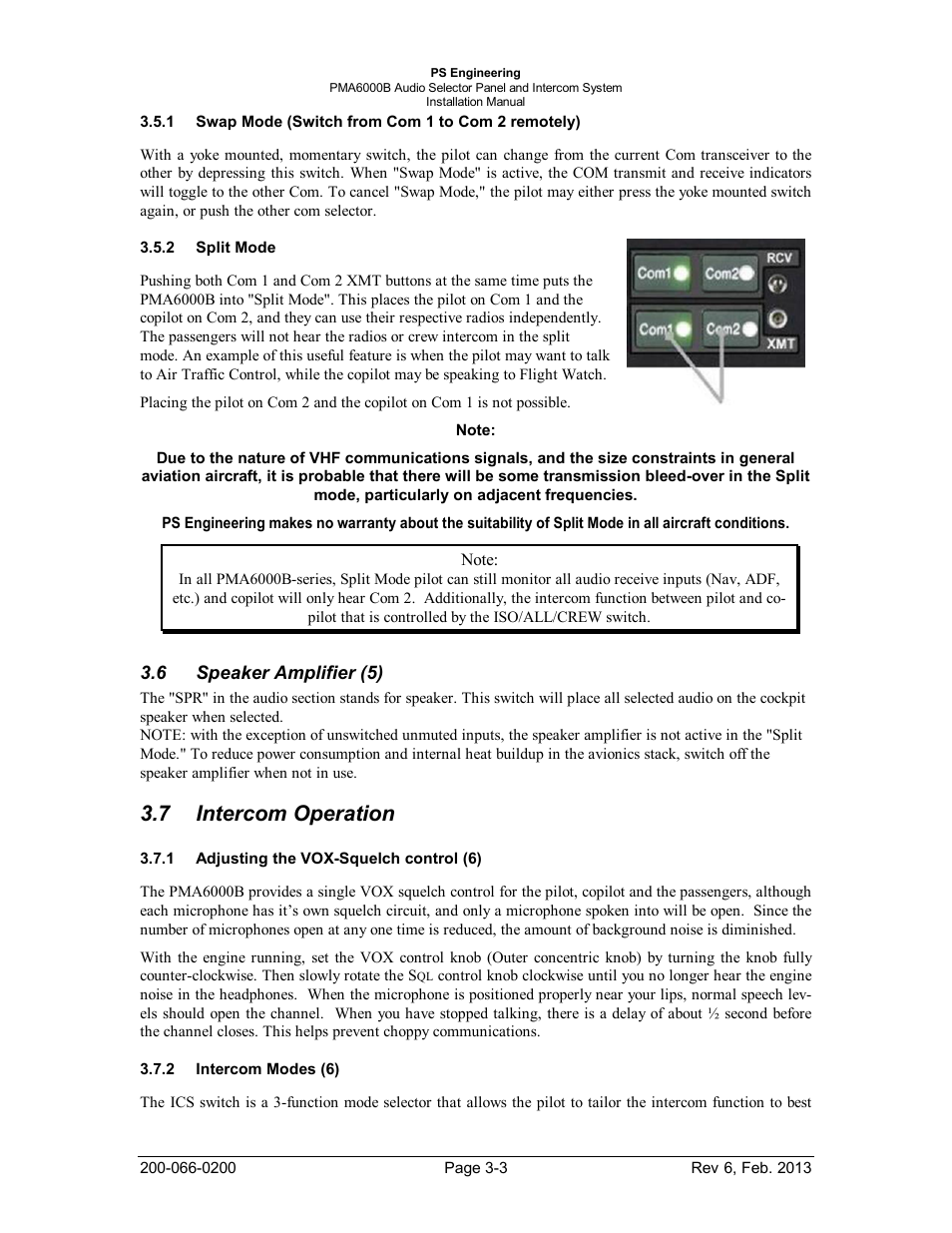 Swap mode (switch from com 1 to com 2 remotely), Split mode, Speaker amplifier (5) | Intercom operation, Adjusting the vox-squelch control (6), Intercom modes (6), Swap mode (switch from com 1 to com 2 remotely) -3, Split mode -3, Speaker amplifier (5) -3, Intercom operation -3 | PS Engineering PMA6000B User Manual | Page 18 / 26