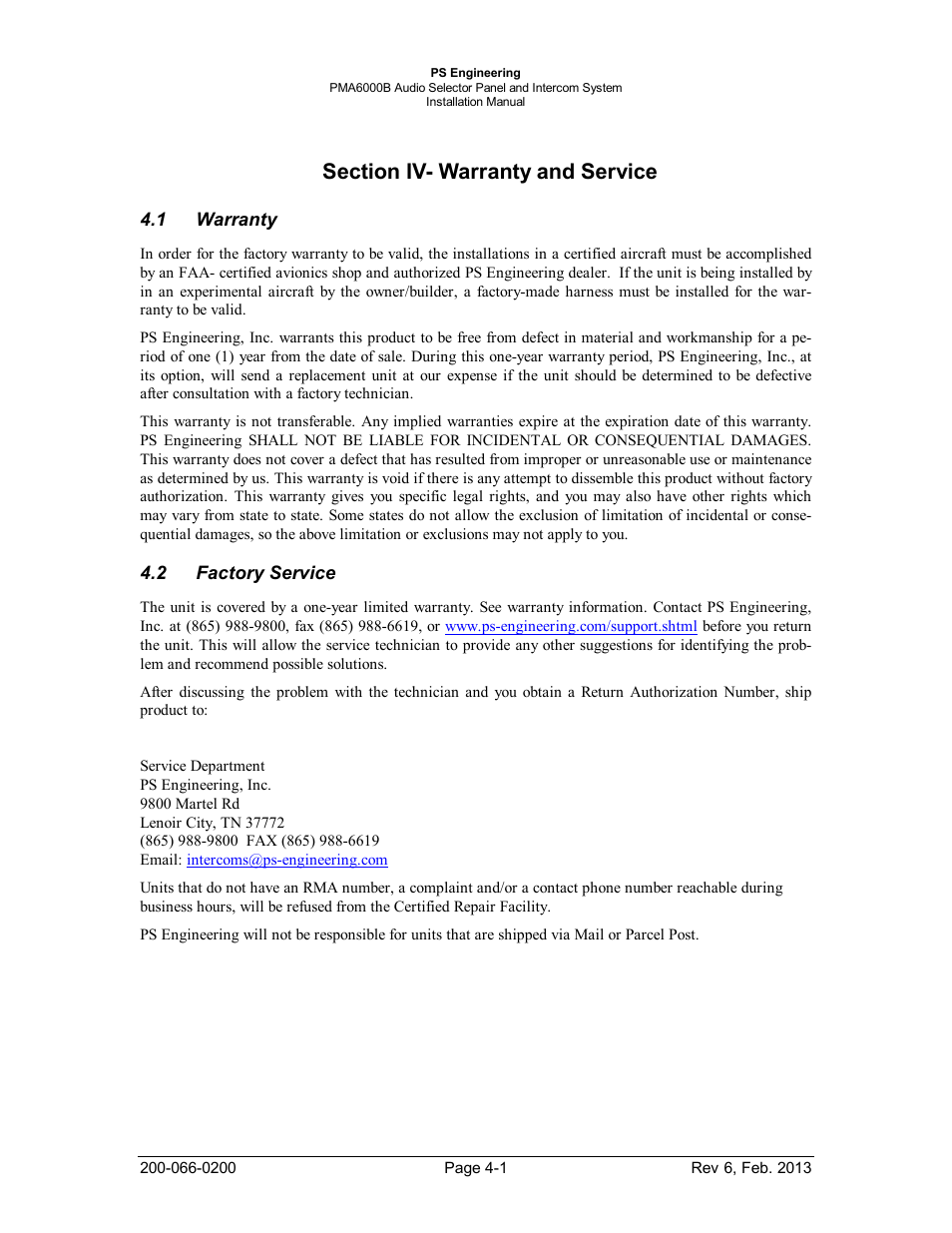 Section iv- warranty and service, Warranty, Factory service | Section iv- warranty and service -1, Warranty -1, Factory service -1 | PS Engineering PMA6000B User Manual | Page 21 / 26