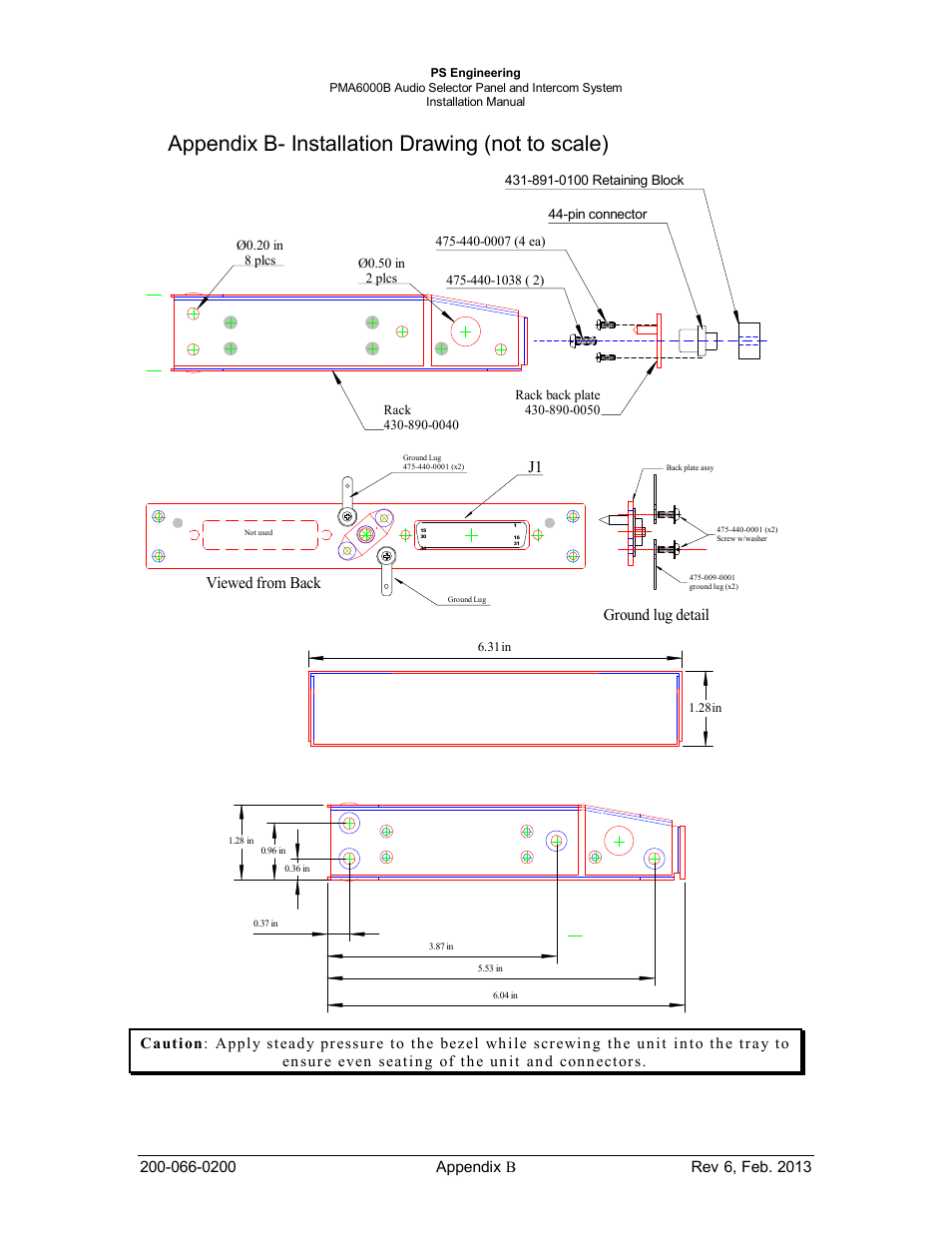 Appendix b- installation drawing (not to scale), J1 viewed from back, Ground lug detail | PS Engineering PMA6000B User Manual | Page 23 / 26
