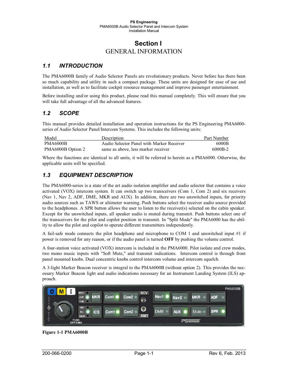 Section i general information, Introduction, Scope | Equipment description, Section i general information -1, Introduction -1, Scope -1, Equipment description -1, Figure 1-1 pma6000b -1 | PS Engineering PMA6000B User Manual | Page 4 / 26