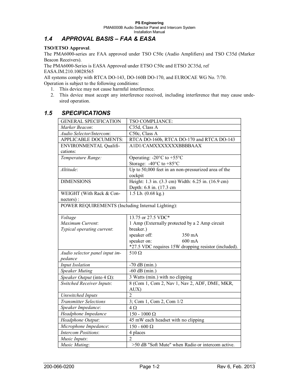 Approval basis – faa & easa, Specifications, Approval basis - faa -2 | Specifications -2 | PS Engineering PMA6000B User Manual | Page 5 / 26
