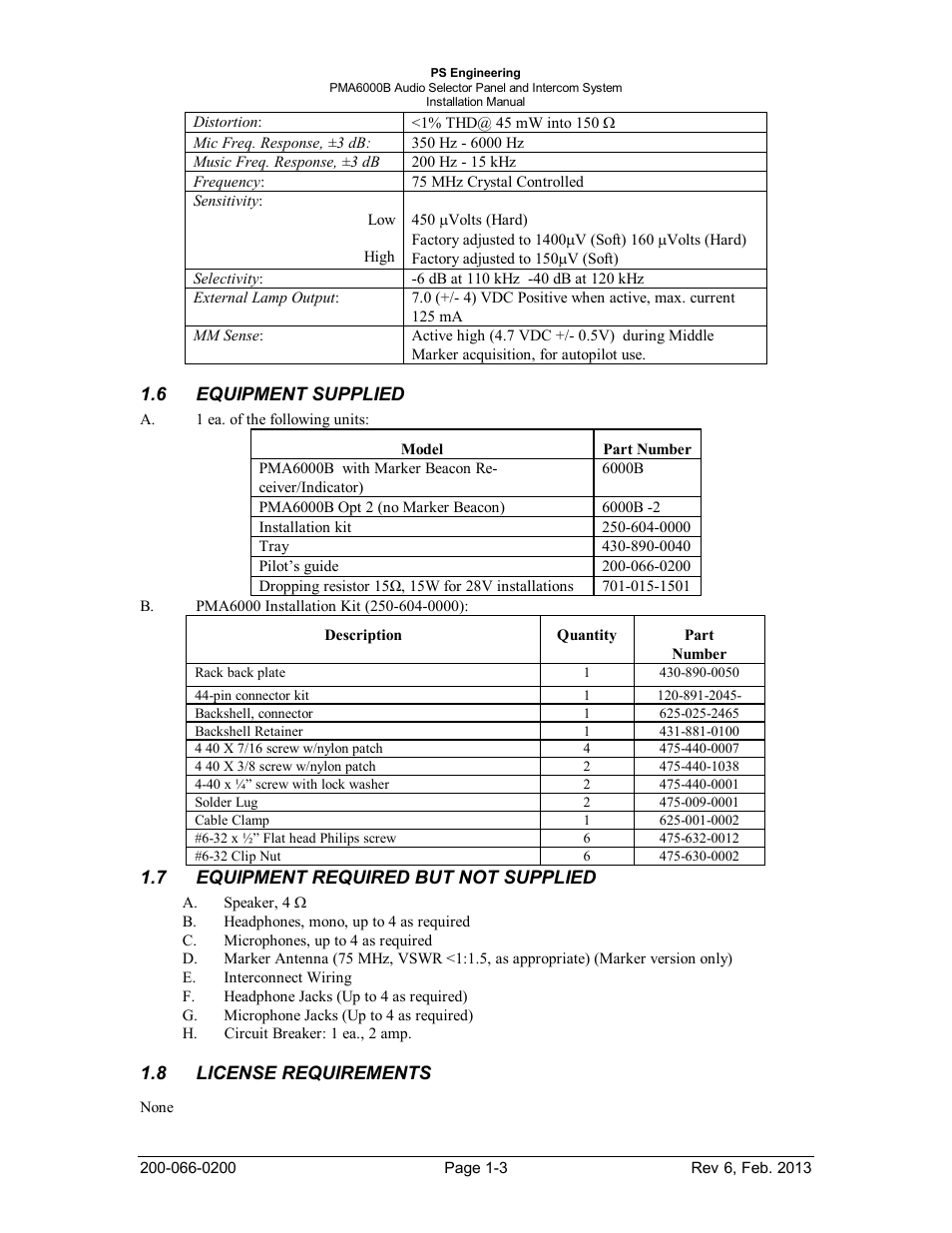 Equipment supplied, Equipment required but not supplied, License requirements | Equipment supplied -3, Equipment required but not supplied -3, License requirements -3 | PS Engineering PMA6000B User Manual | Page 6 / 26