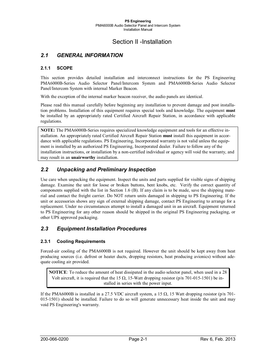 Section ii -installation, General information, Scope | Unpacking and preliminary inspection, Equipment installation procedures, Cooling requirements, S ection ii - installation -1, General information -1, Scope -1, Unpacking and preliminary inspection -1 | PS Engineering PMA6000B User Manual | Page 7 / 26