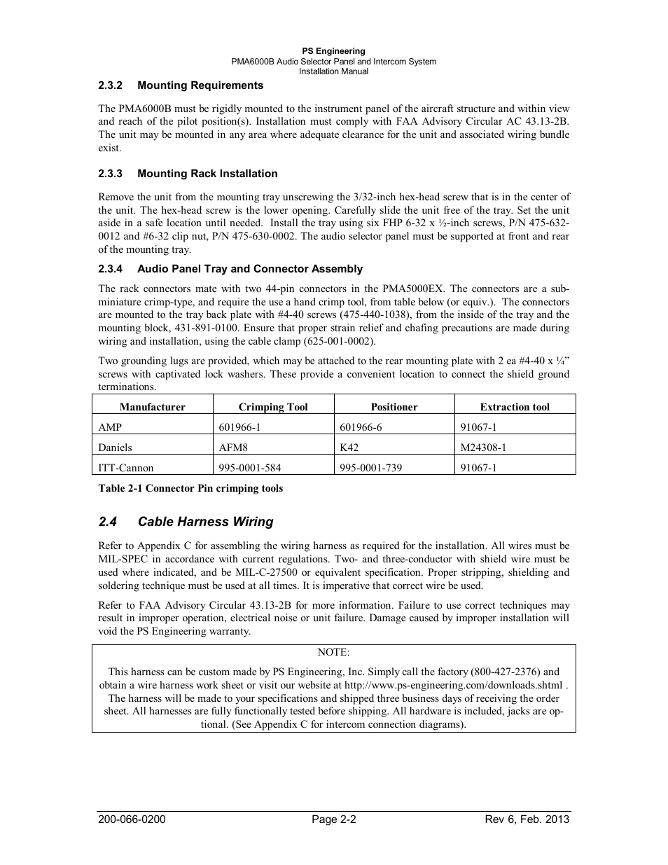 Mounting requirements, Mounting rack installation, Audio panel tray and connector assembly | Cable harness wiring, Mounting requirements -2, Mounting rack installation -2, Cable harness wiring -2 | PS Engineering PMA6000B User Manual | Page 8 / 26