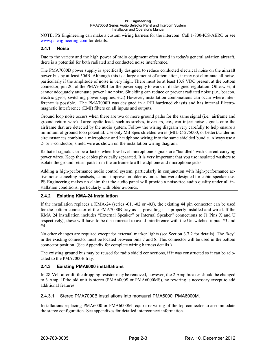 Noise, Existing kma-24 installation, Existing pma6000 installations | Oise, Xisting, Kma-24, Nstallation, Pma6000, Installations | PS Engineering PMA7000B Installation Manual User Manual | Page 10 / 36