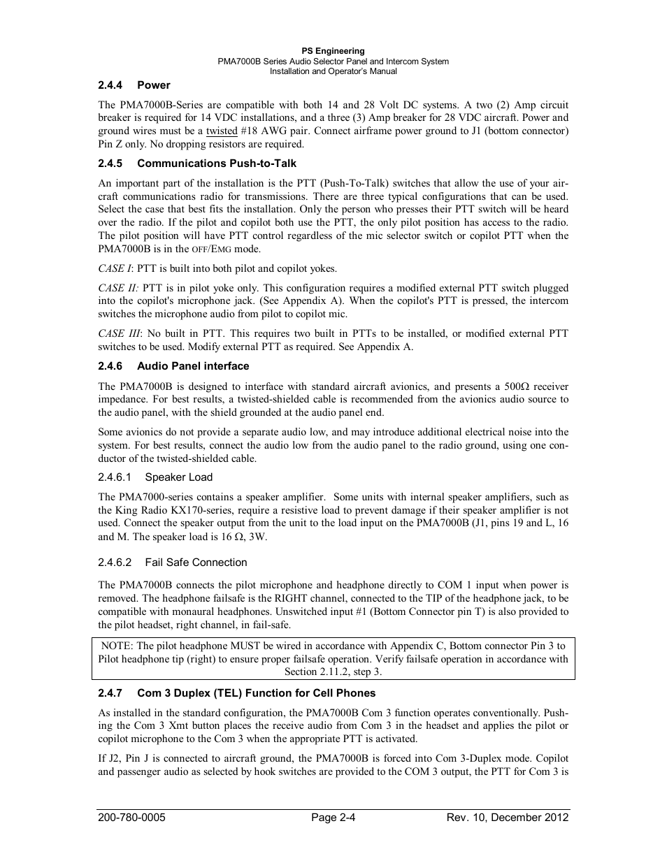 Power, Communications push-to-talk, Audio panel interface | Com 3 duplex (tel) function for cell phones, Ower, Ommunications, Udio, Anel interface, Uplex, Tel) | PS Engineering PMA7000B Installation Manual User Manual | Page 11 / 36
