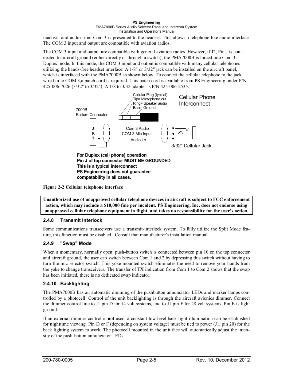 Transmit interlock, Swap" mode, Backlighting | Ransmit, Nterlock, Acklighting, Cellular phone interconnect | PS Engineering PMA7000B Installation Manual User Manual | Page 12 / 36