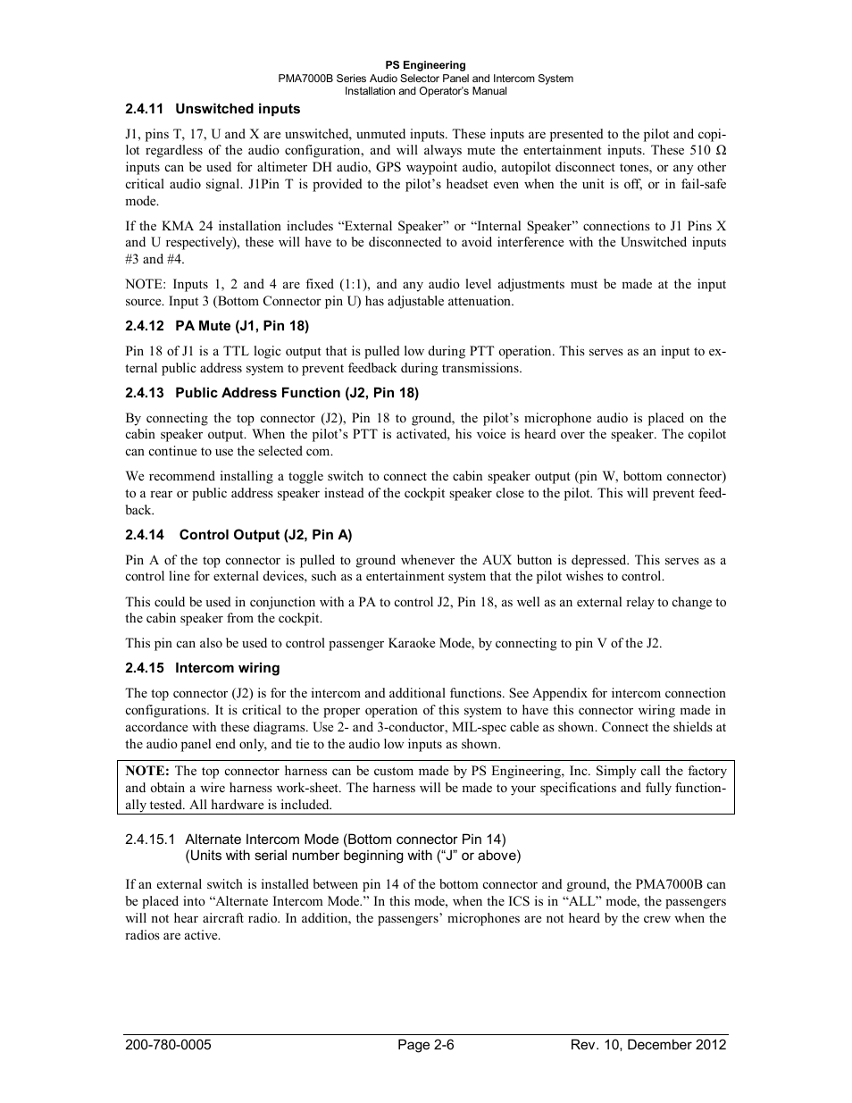 Unswitched inputs, Pa mute (j1, pin 18), Public address function (j2, pin 18) | Control output (j2, pin a), Intercom wiring, Nswitched inputs, Ublic, Ddress, Unction, Ontrol | PS Engineering PMA7000B Installation Manual User Manual | Page 13 / 36