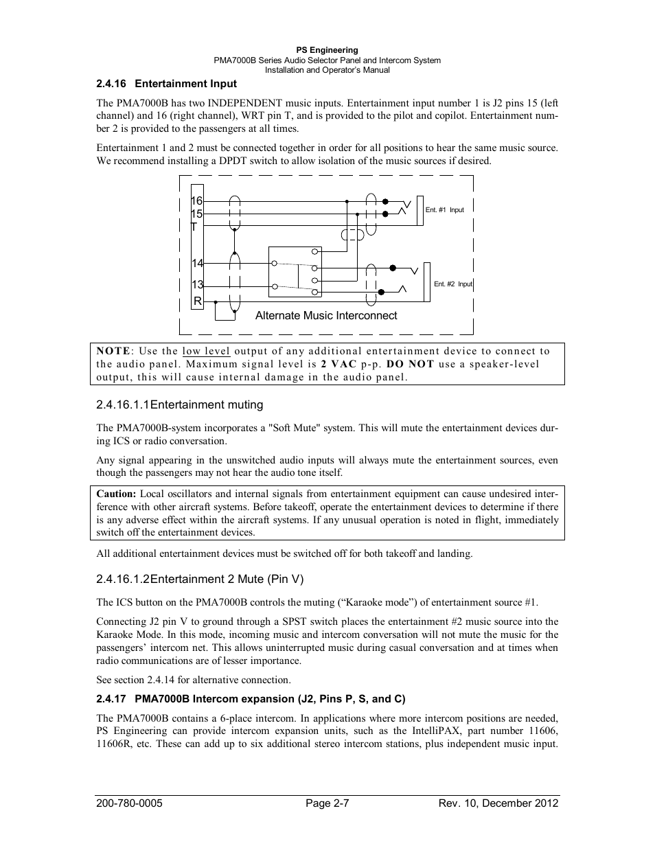 Entertainment input, Pma7000b intercom expansion (j2, pins p, s, and c), Ntertainment | Nput, Pma7000b, Ntercom expansion, C) -7 | PS Engineering PMA7000B Installation Manual User Manual | Page 14 / 36