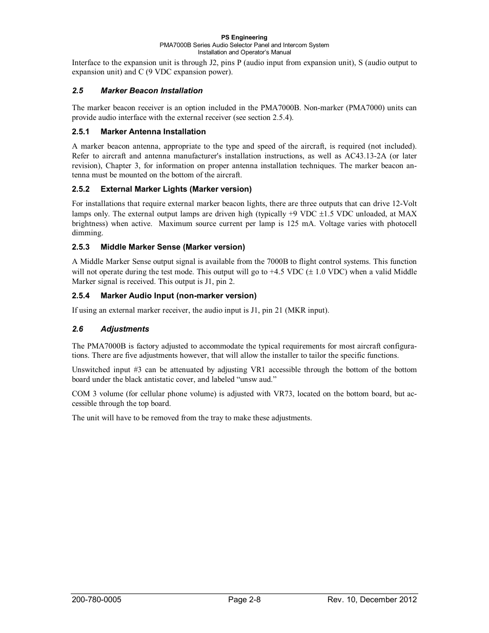 Marker beacon installation, Marker antenna installation, External marker lights (marker version) | Middle marker sense (marker version), Marker audio input (non-marker version), Adjustments, Arker, Eacon, Nstallation, Ntenna | PS Engineering PMA7000B Installation Manual User Manual | Page 15 / 36