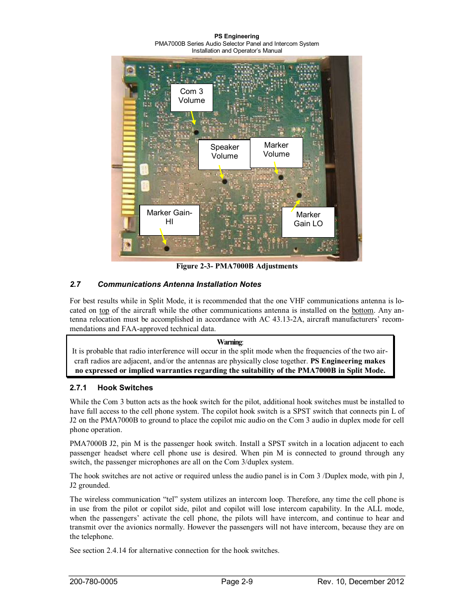 Communications antenna installation notes, Hook switches, Ommunications | Ntenna, Nstallation, Otes, Witches | PS Engineering PMA7000B Installation Manual User Manual | Page 16 / 36