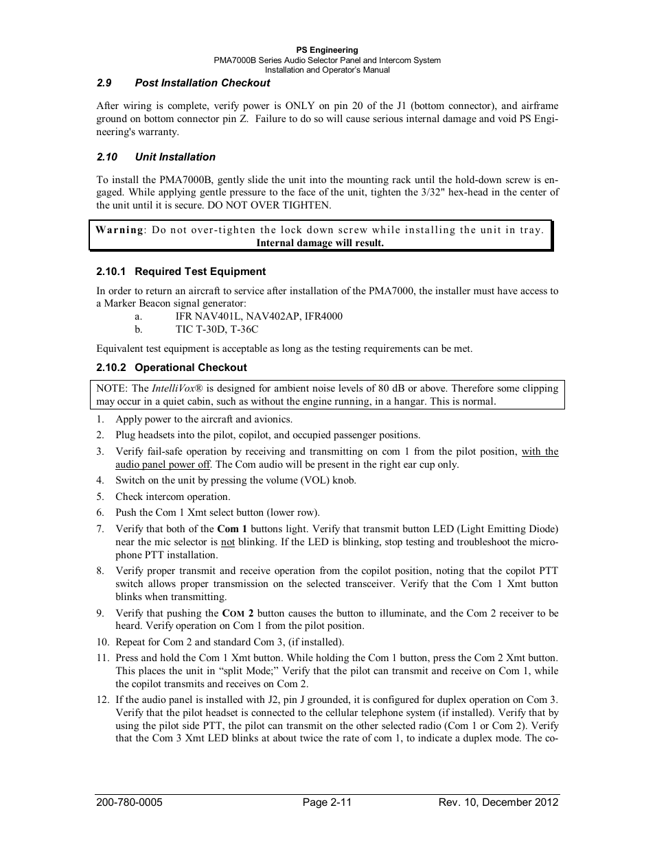 Post installation checkout, Unit installation, Required test equipment | Operational checkout, Nstallation, Heckout, Equired, Quipment, Perational | PS Engineering PMA7000B Installation Manual User Manual | Page 18 / 36