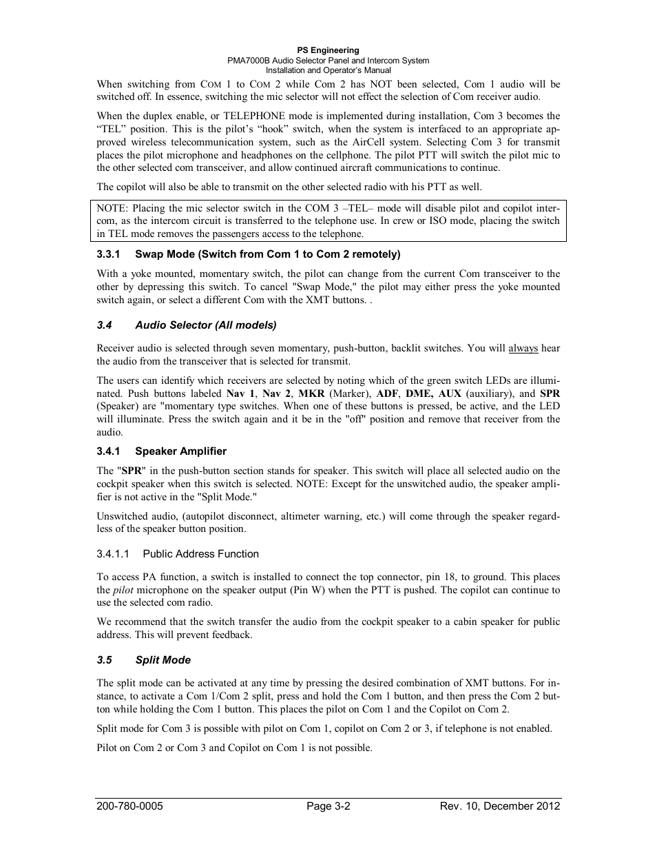 Swap mode (switch from com 1 to com 2 remotely), Audio selector (all models), Speaker amplifier | Split mode, Witch from, Remotely, Udio, Elector, Ll models, Peaker | PS Engineering PMA7000B Installation Manual User Manual | Page 21 / 36