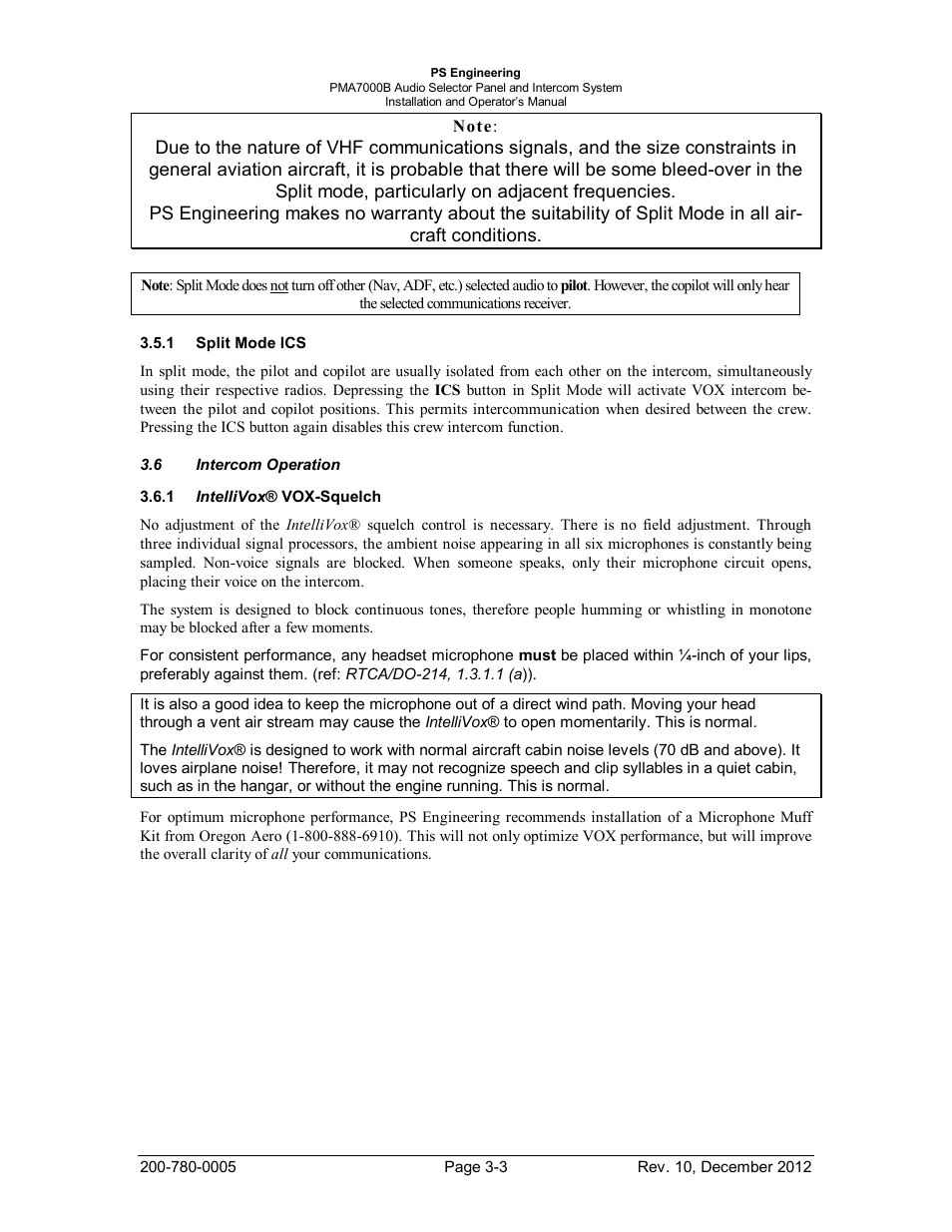 Split mode ics, Intercom operation, Intellivox® vox-squelch | Plit, Ics -3, Ntercom, Peration, Ntelli, Vox-s, Quelch | PS Engineering PMA7000B Installation Manual User Manual | Page 22 / 36