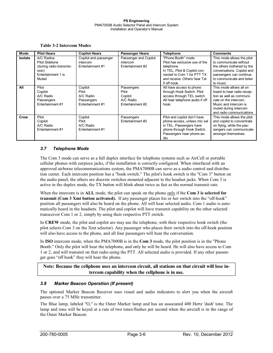 Telephone mode, Marker beacon operation (if present), Elephone | Arker, Eacon, Peration, F present | PS Engineering PMA7000B Installation Manual User Manual | Page 25 / 36