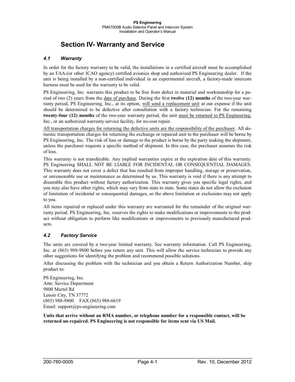 Section iv- warranty and service, Warranty, Factory service | Section iv- warranty and service -1, Arranty, Actory, Ervice | PS Engineering PMA7000B Installation Manual User Manual | Page 27 / 36