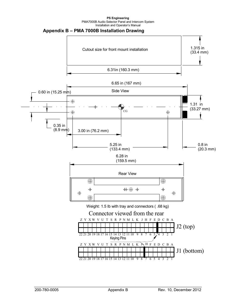 Appendix b – pma 7000b installation drawing, J1 (bottom) j2 (top), Connector viewed from the rear | PS Engineering PMA7000B Installation Manual User Manual | Page 29 / 36