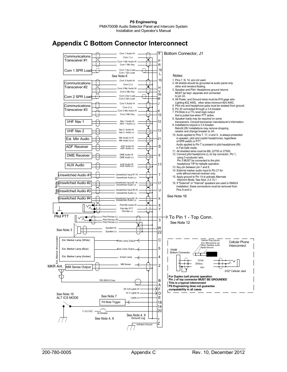 Appendix c bottom connector interconnect, Bottom connector, j1 | PS Engineering PMA7000B Installation Manual User Manual | Page 30 / 36