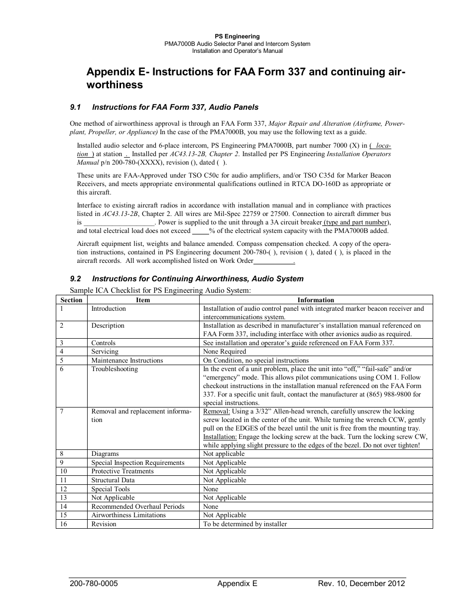 Instructions for faa form 337, audio panels | PS Engineering PMA7000B Installation Manual User Manual | Page 32 / 36