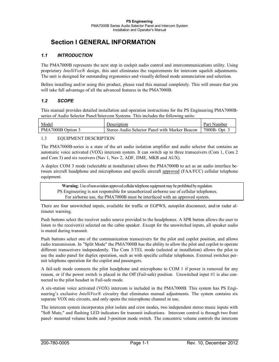 Section i general information, 1introduction, 2scope | Section i general information -1, Introduction -1, Scope -1 | PS Engineering PMA7000B Installation Manual User Manual | Page 4 / 36