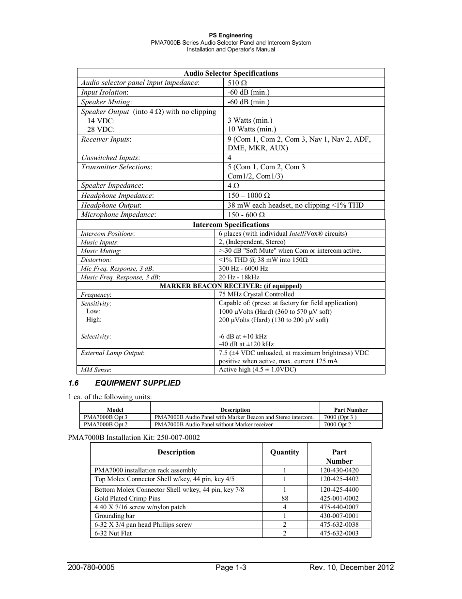 6equipment supplied, Equipment, Supplied -3 | PS Engineering PMA7000B Installation Manual User Manual | Page 6 / 36
