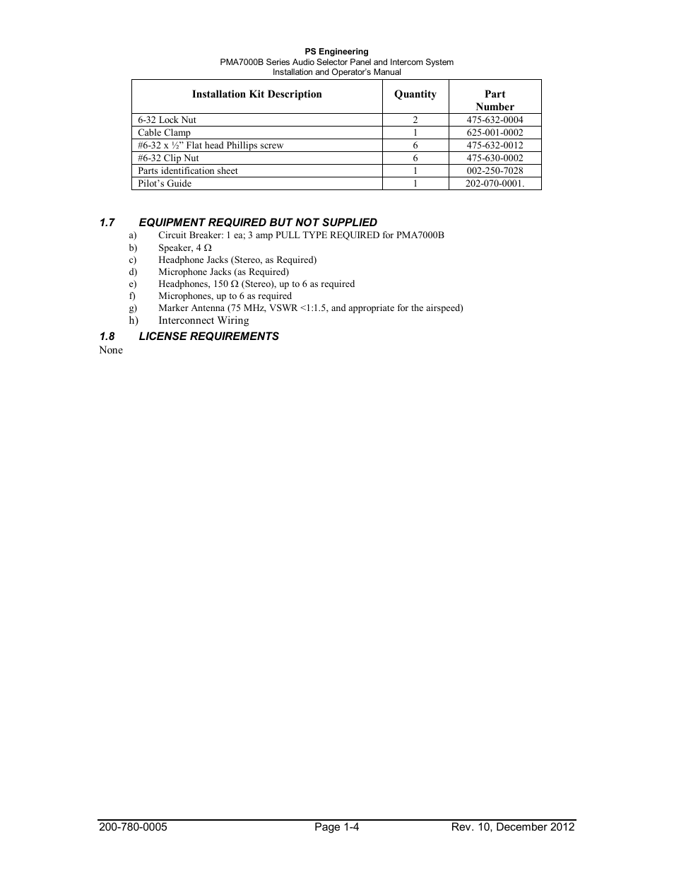 7equipment required but not supplied, 8license requirements, Equipment | Required, Supplied -4, License, Requirements -4 | PS Engineering PMA7000B Installation Manual User Manual | Page 7 / 36