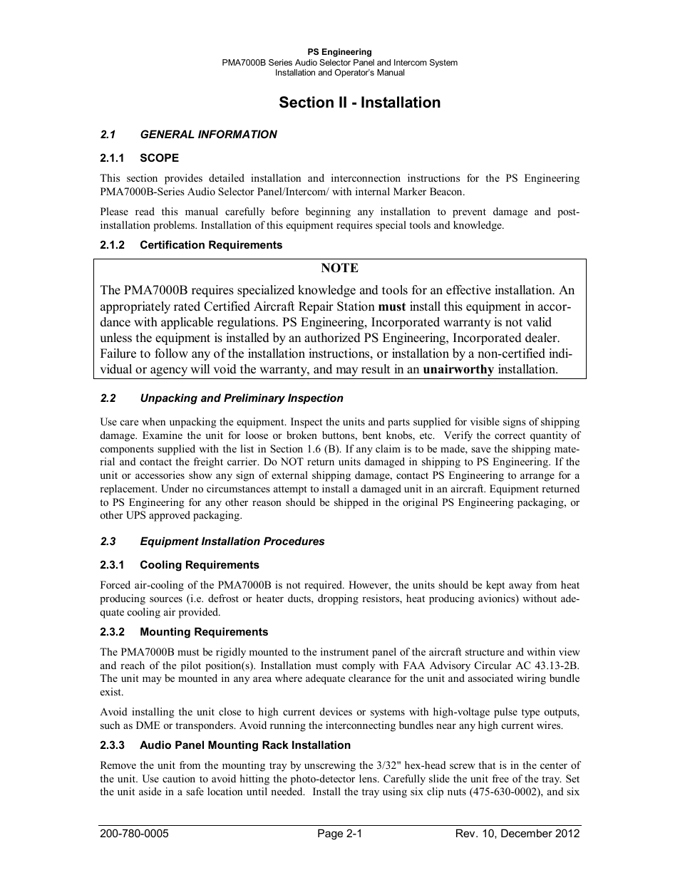 Section ii - installation, General information, Scope | Certification requirements, Unpacking and preliminary inspection, Equipment installation procedures, Cooling requirements, Mounting requirements, Audio panel mounting rack installation, Section ii - installation -1 | PS Engineering PMA7000B Installation Manual User Manual | Page 8 / 36