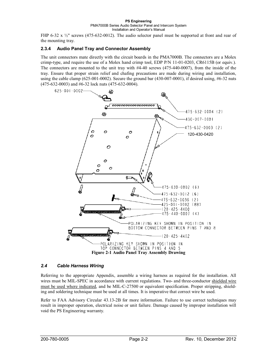 Audio panel tray and connector assembly, Cable harness wiring, Udio | Anel, Ray and, Onnector, Ssembly, Able, Arness, Iring | PS Engineering PMA7000B Installation Manual User Manual | Page 9 / 36