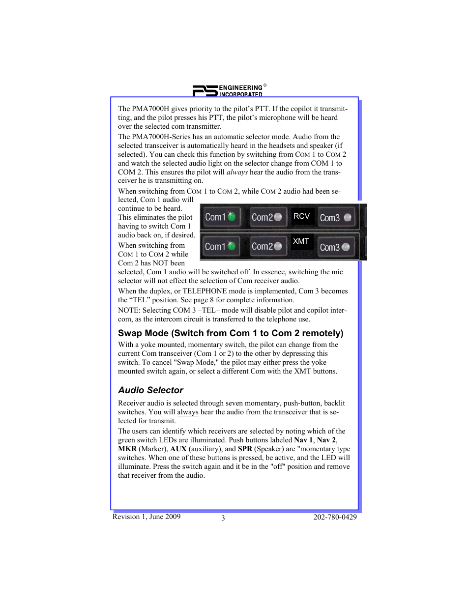 Swap mode (switch from com 1 to com 2 remotely), Audio selector | PS Engineering PMA7000H Pilot’s Guide User Manual | Page 3 / 12