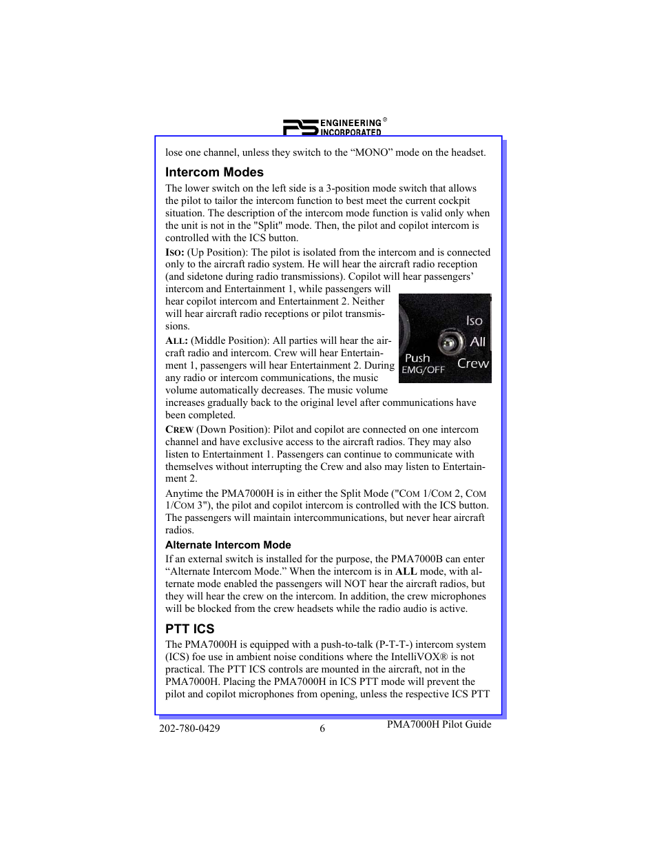 Intercom modes, Ptt ics | PS Engineering PMA7000H Pilot’s Guide User Manual | Page 6 / 12