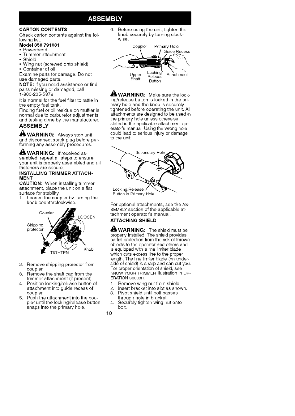 Assembly | Craftsman 358.791031 User Manual | Page 10 / 48