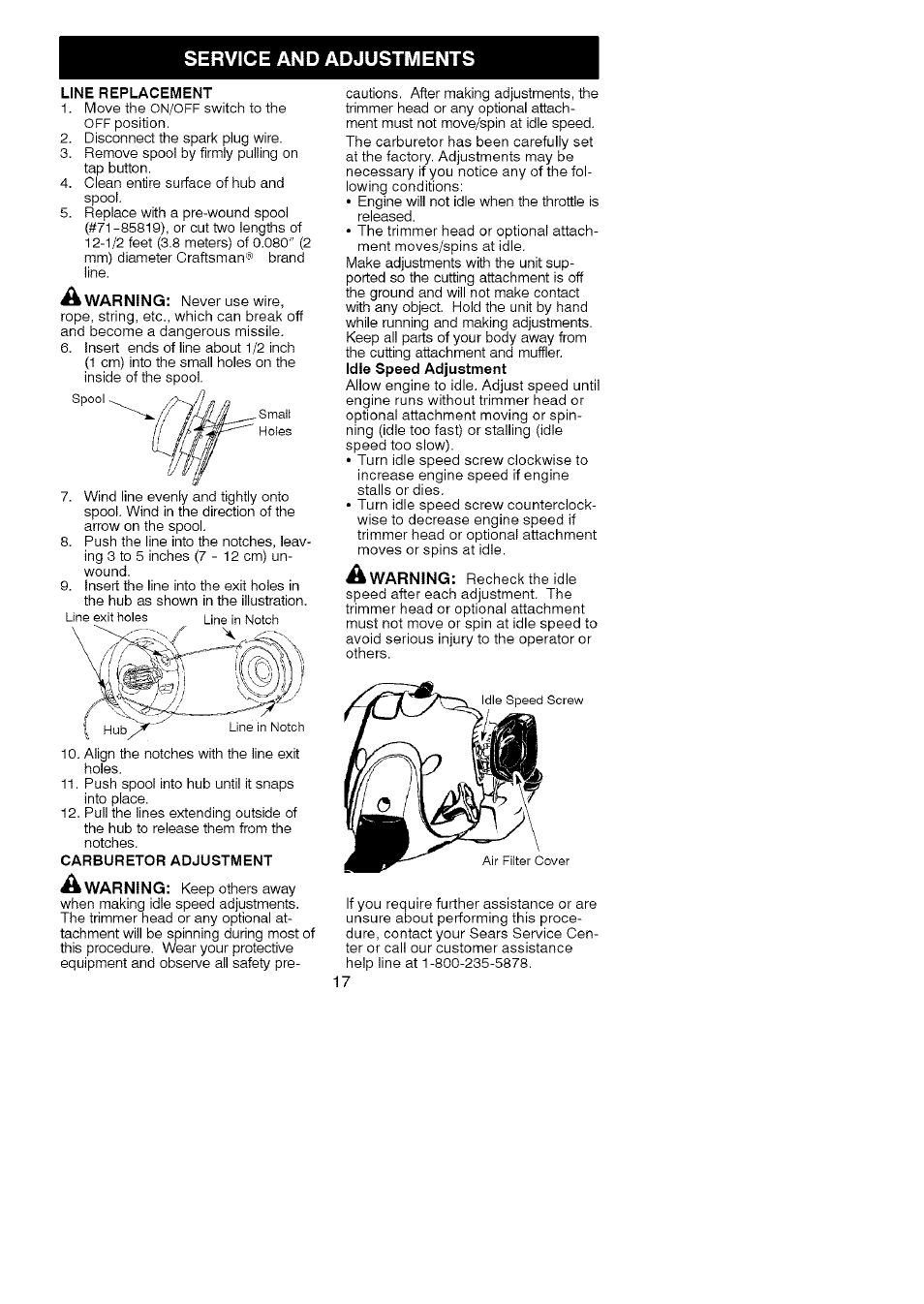 Service and adjustments | Craftsman 358.791031 User Manual | Page 17 / 48