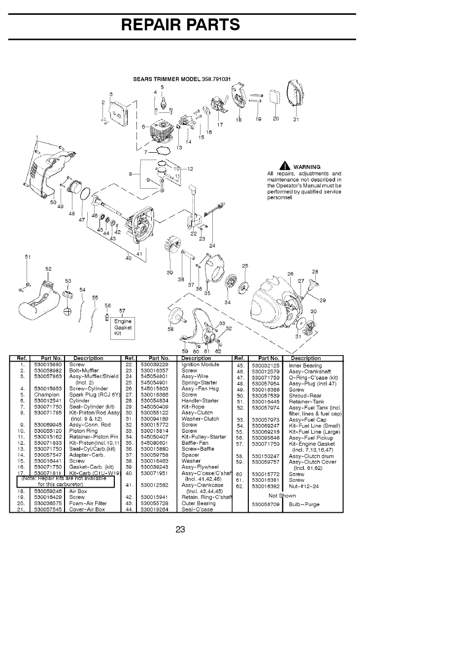 Repair parts, 116 . j 4, P\ f.;a | Craftsman 358.791031 User Manual | Page 23 / 48