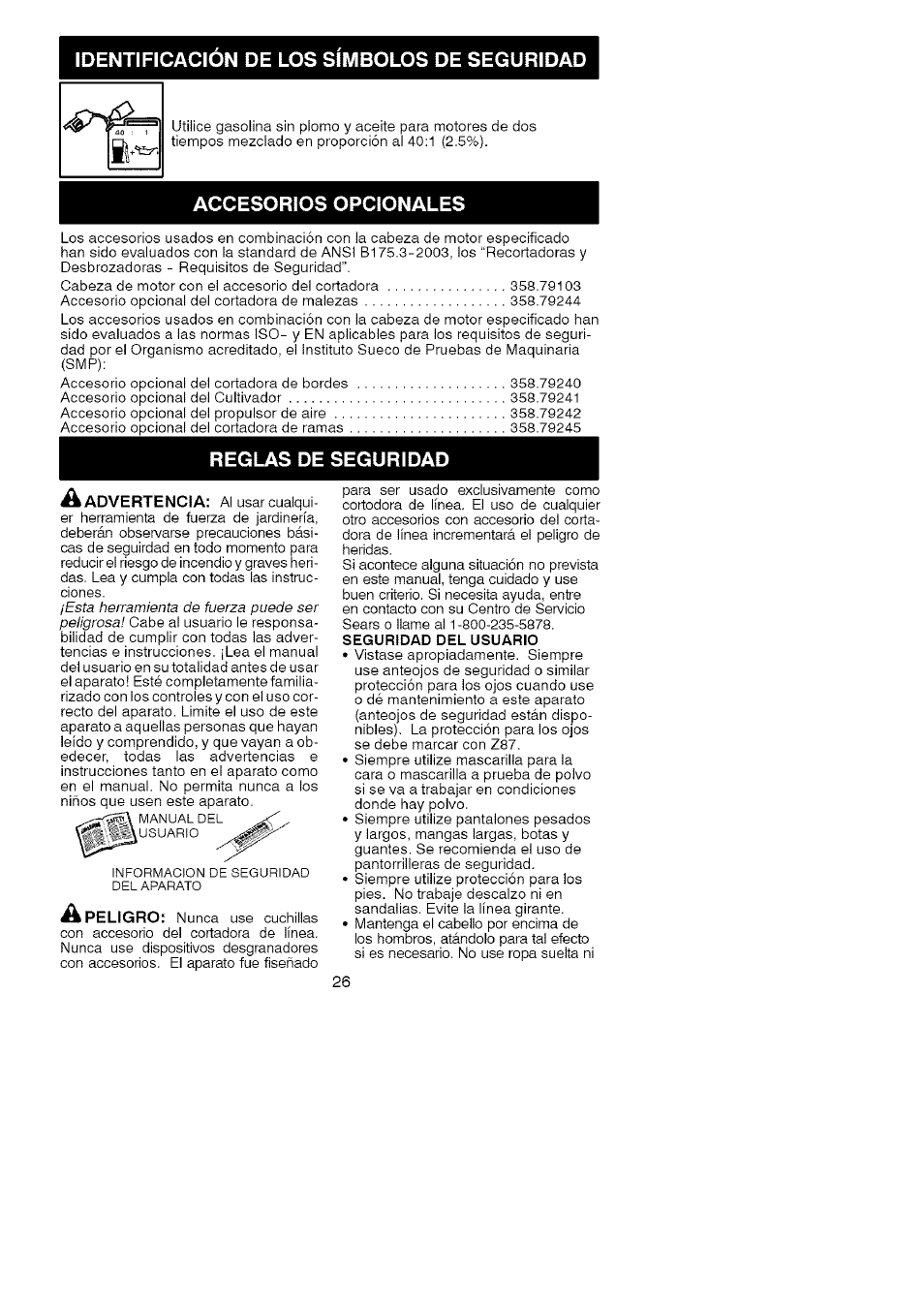 Accesorios opcionales, Reglas de seguridad, Identificacion de los simbolos de seguridad | Craftsman 358.791031 User Manual | Page 26 / 48