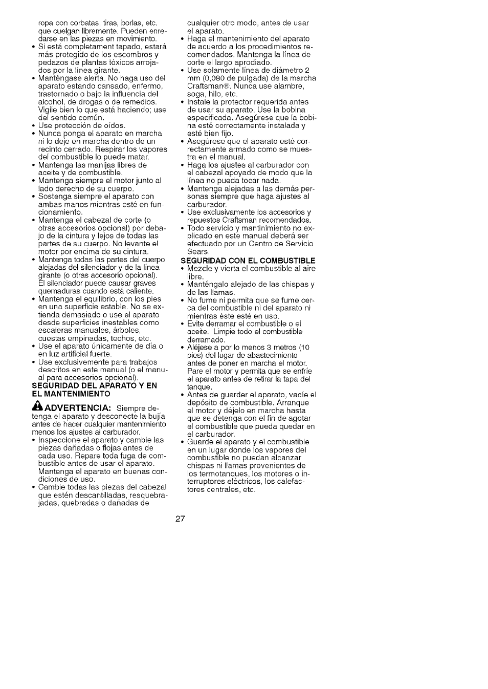 A advertencia | Craftsman 358.791031 User Manual | Page 27 / 48