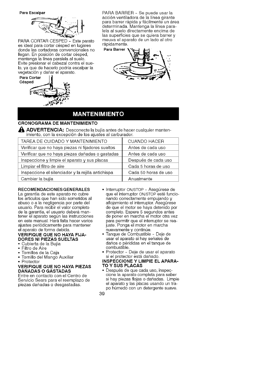 Mantenimiento | Craftsman 358.791031 User Manual | Page 39 / 48