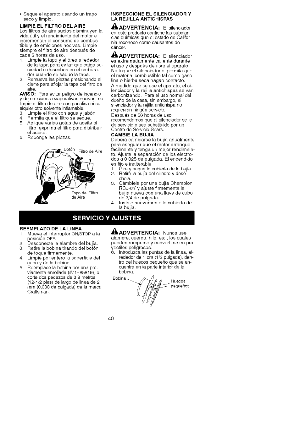 Servicio y ajustes | Craftsman 358.791031 User Manual | Page 40 / 48