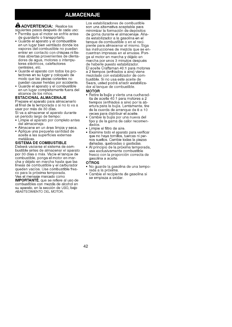 Almacenaje | Craftsman 358.791031 User Manual | Page 42 / 48