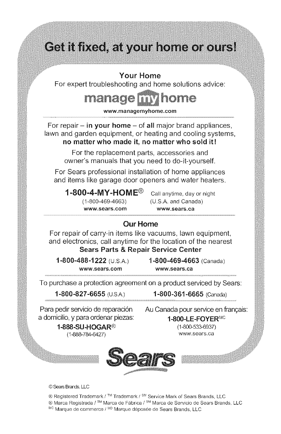 Itianage home, 800-4-my-home | Craftsman 358.791031 User Manual | Page 48 / 48