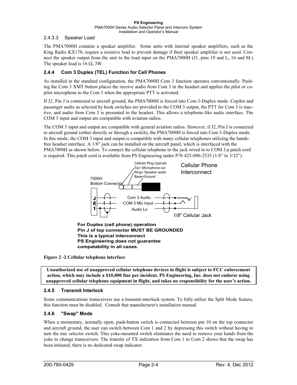 Com 3 duplex (tel) function for cell phones, Transmit interlock, Swap" mode | PS Engineering PMA7000H Installation Manual User Manual | Page 11 / 32