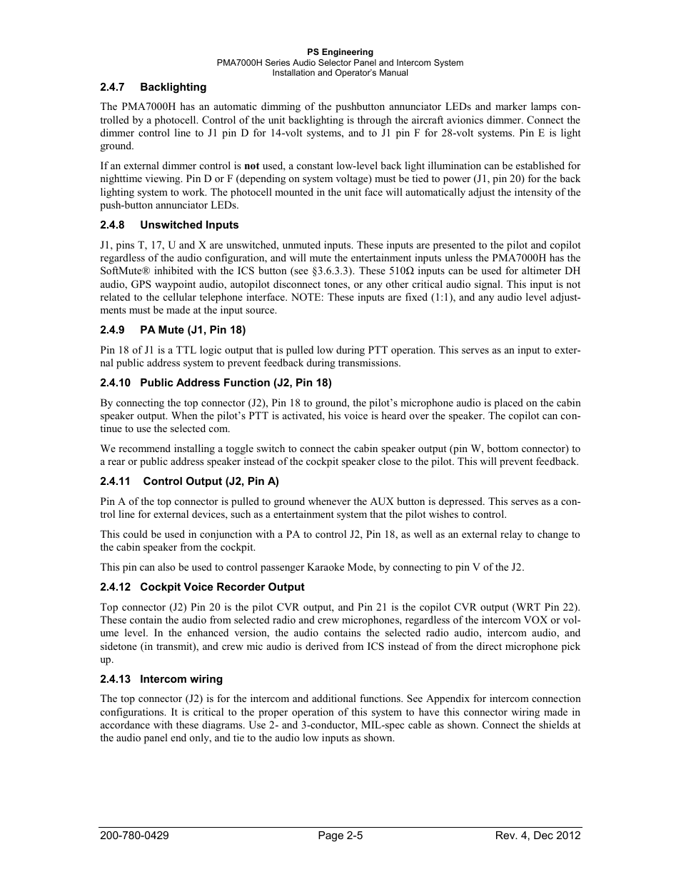 Backlighting, Unswitched inputs, Pa mute (j1, pin 18) | Public address function (j2, pin 18), Control output (j2, pin a), Cockpit voice recorder output, Intercom wiring | PS Engineering PMA7000H Installation Manual User Manual | Page 12 / 32