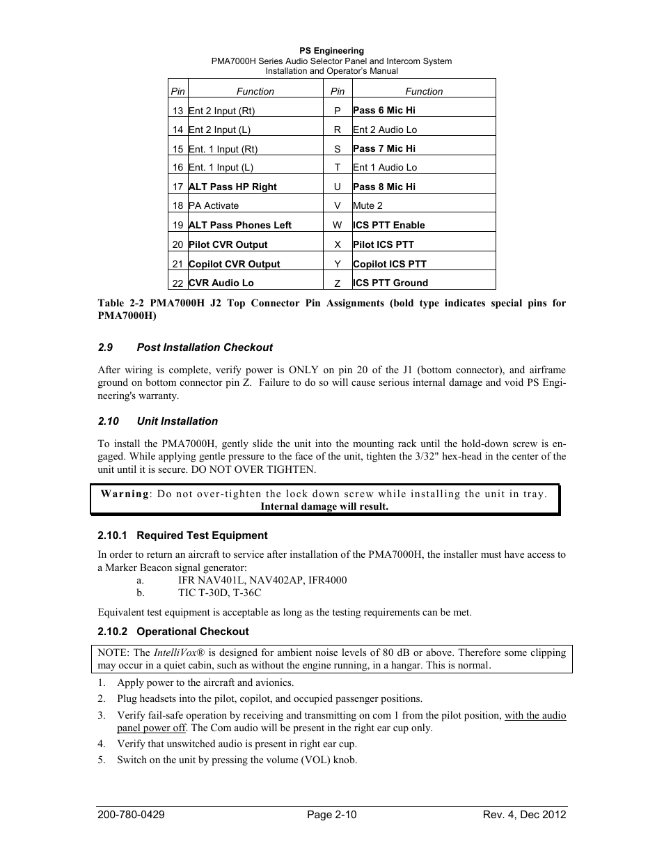 Post installation checkout, Unit installation, Required test equipment | Operational checkout | PS Engineering PMA7000H Installation Manual User Manual | Page 17 / 32