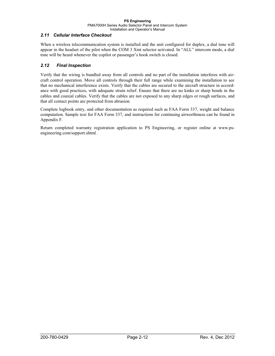 Cellular interface checkout, Final inspection | PS Engineering PMA7000H Installation Manual User Manual | Page 19 / 32