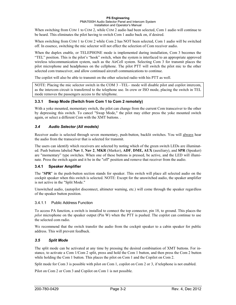 Swap mode (switch from com 1 to com 2 remotely), Audio selector (all models), Speaker amplifier | Split mode | PS Engineering PMA7000H Installation Manual User Manual | Page 21 / 32