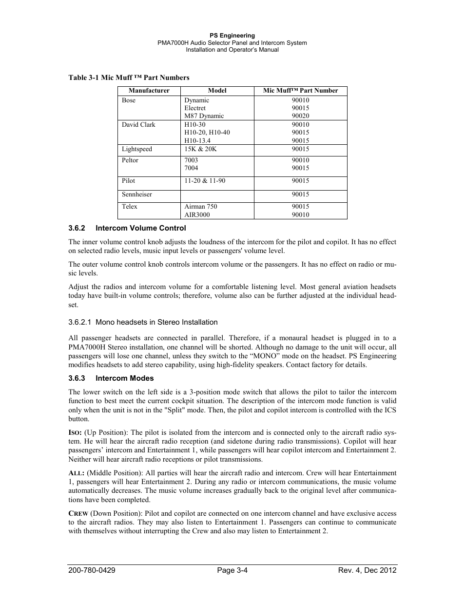 Intercom volume control, Intercom modes | PS Engineering PMA7000H Installation Manual User Manual | Page 23 / 32