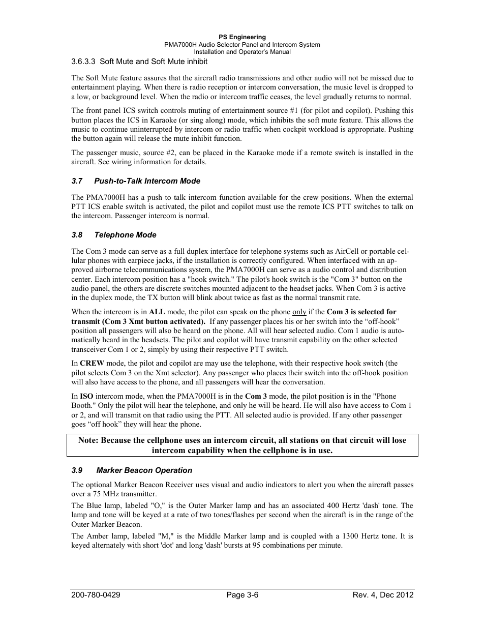 Push-to-talk intercom mode, Telephone mode, Marker beacon operation | PS Engineering PMA7000H Installation Manual User Manual | Page 25 / 32