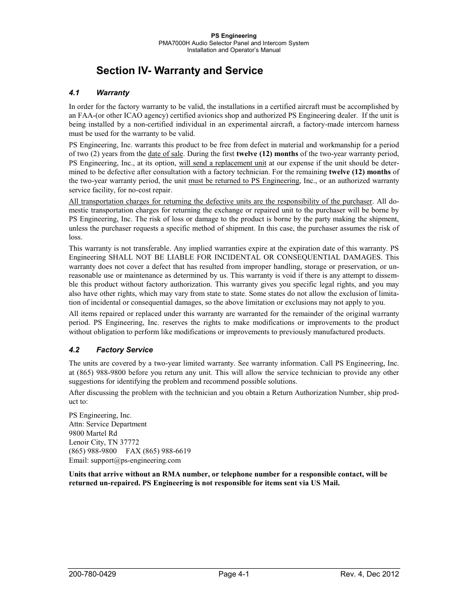 Section iv- warranty and service, Warranty, Factory service | PS Engineering PMA7000H Installation Manual User Manual | Page 27 / 32